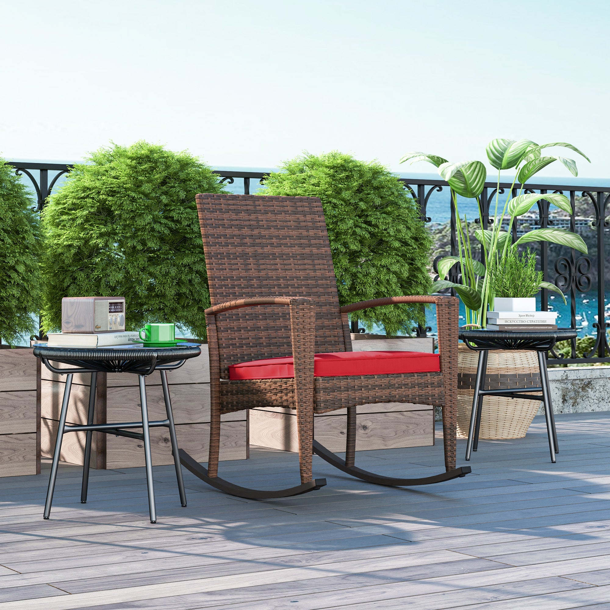 Outsunny Outdoor PE Rattan Rocking Chair, Garden Glider Rocking Chair, Wicker Patio Chair Set with Armrest and Cushion, Wine Red 