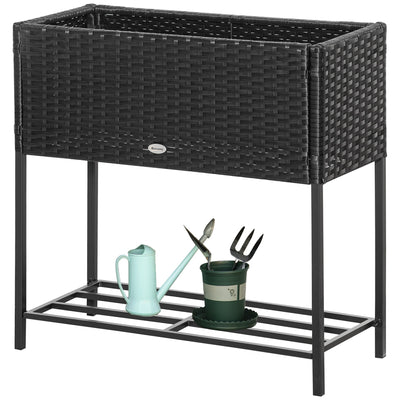 Outsunny Rattan Raised Garden Boxes, Elevated Flower Beds with Storage Shelf for Herbs, Flowers, Vegetables, Black 