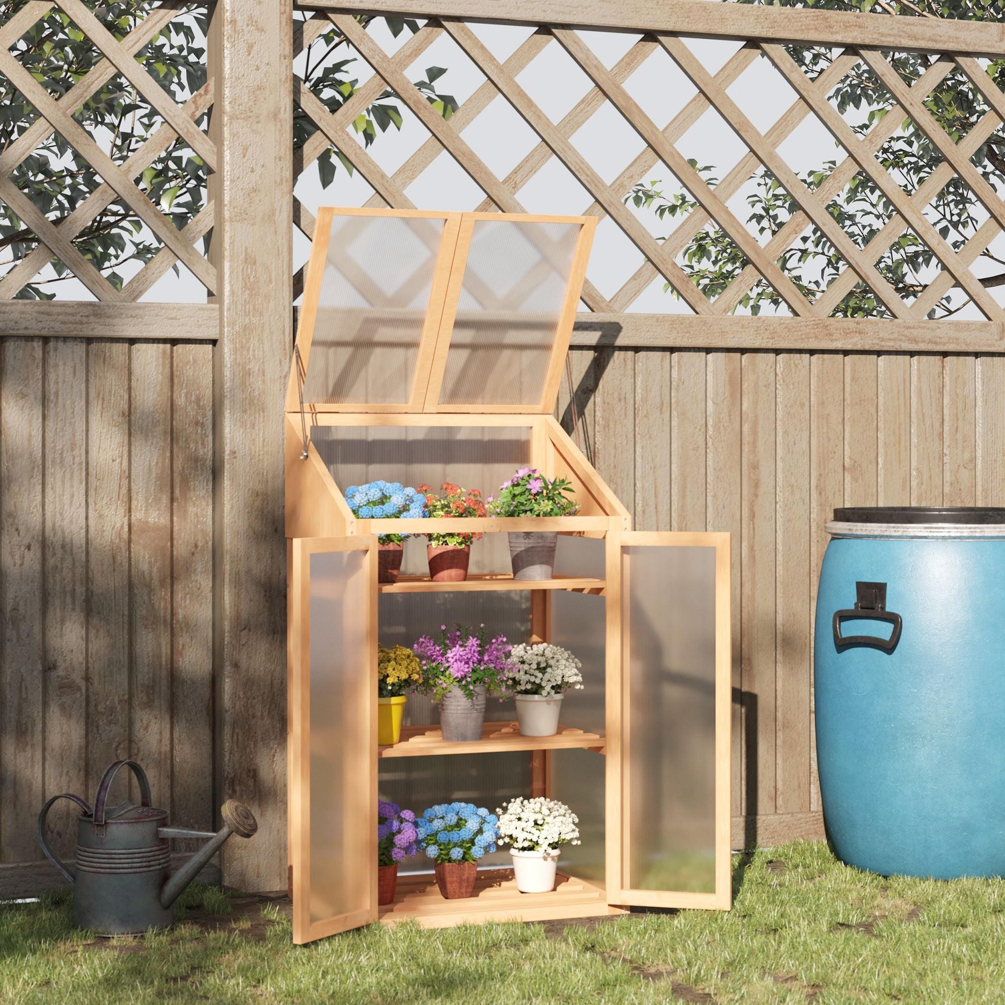Outsunny 27.5"x19.75"x47.25" Wooden Cold Frame Greenhouse Raised Planter Bed Protection Openable Top 3 Shelves Brown 