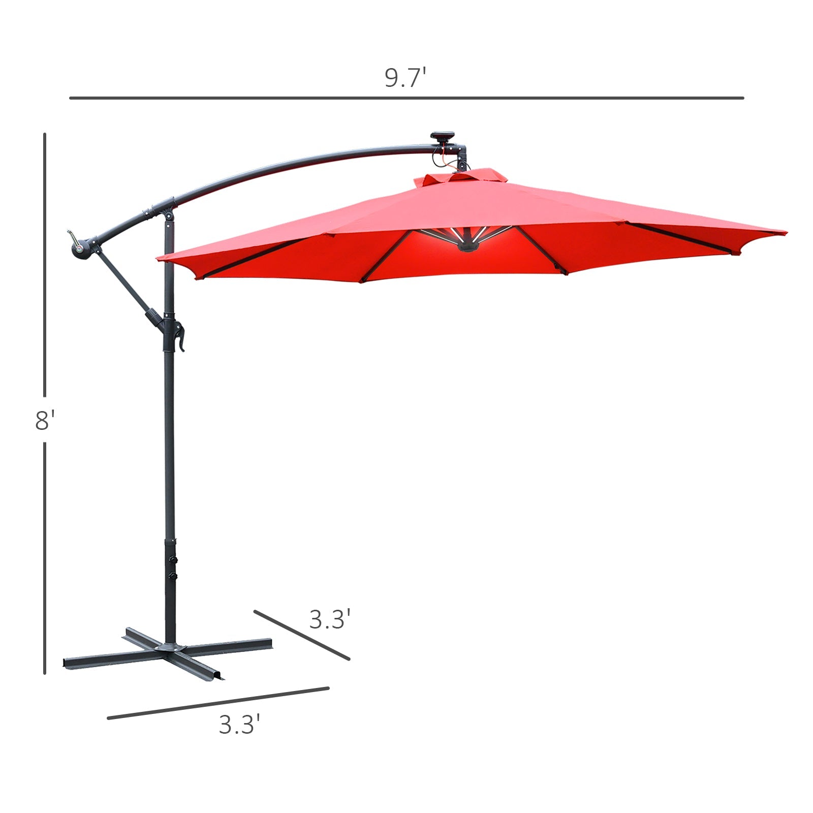 Outsunny 10ft Solar LED Cantilever Umbrella: Red Hanging Offset Market Parasol with Crank Feature 