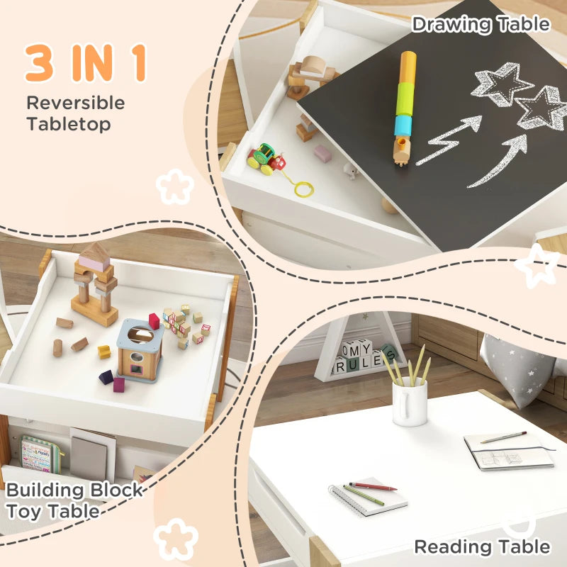 Qaba 3 Piece Kids Table and Chair Set with Reversible Tabletop, Blackboard, Storage, Bookshelf, for Playroom, Nursery Natural
