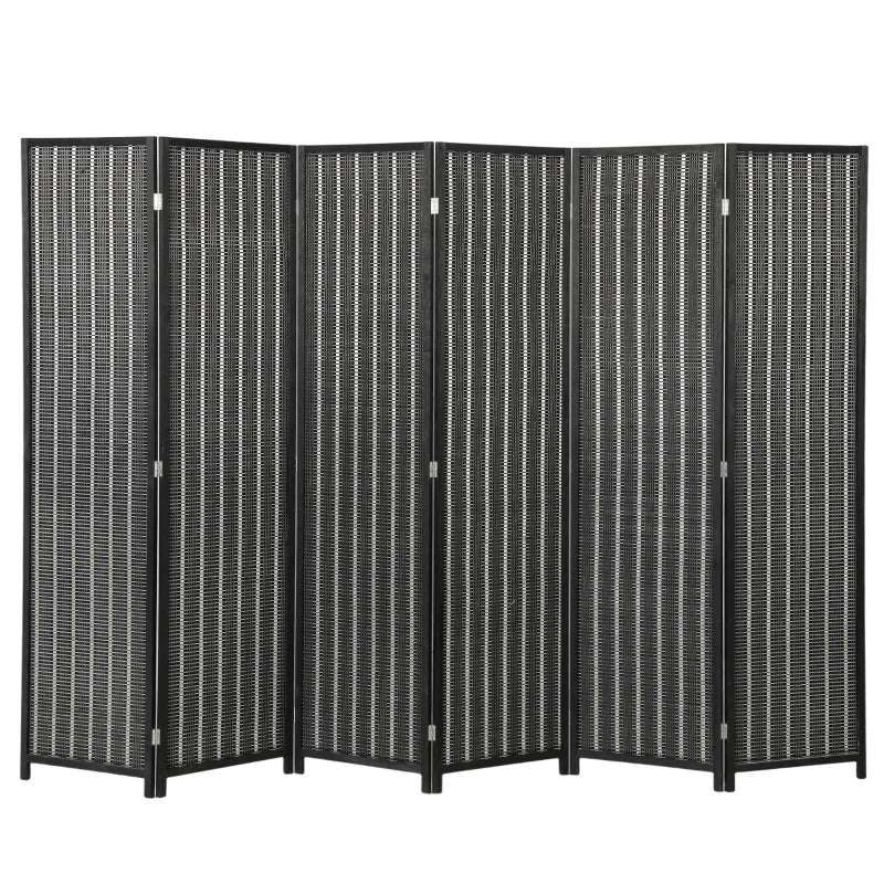 Folding Privacy Screen, 6 Panel Room Divider, Freestanding Partition with Handwoven Bamboo and Pine Wood Frame, Black