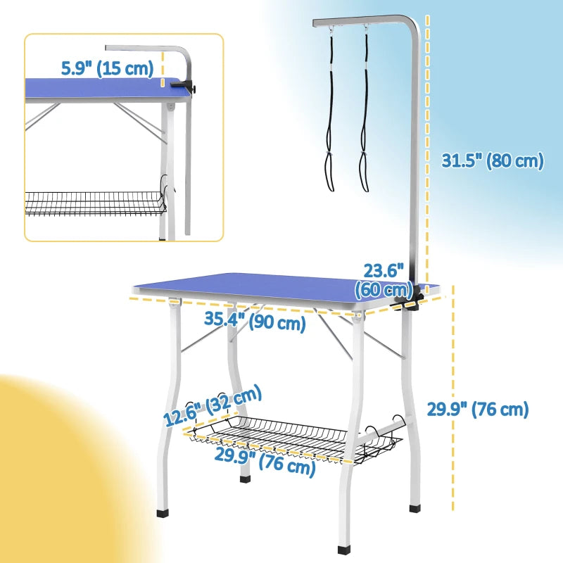 Dog Grooming Table w/ Adjustable Arm, Mesh Tray,  Two Nooses, Rubber Surface, 35" x 24" x 61", Blue
