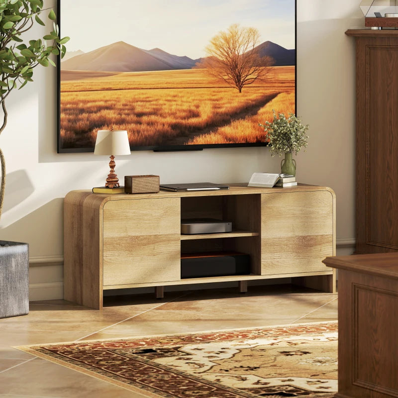 TV Stand for up to 55 Inch TV, Nordic Entertainment Center with 2 Cabinets and 2 Open Shelves for Living Room, Natural Wood