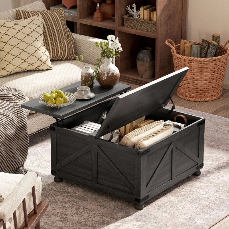 Coffee Table with Lift Top, 32" Farmhouse Center Table with Hidden Compartment for Living Room, Black Wood Grain