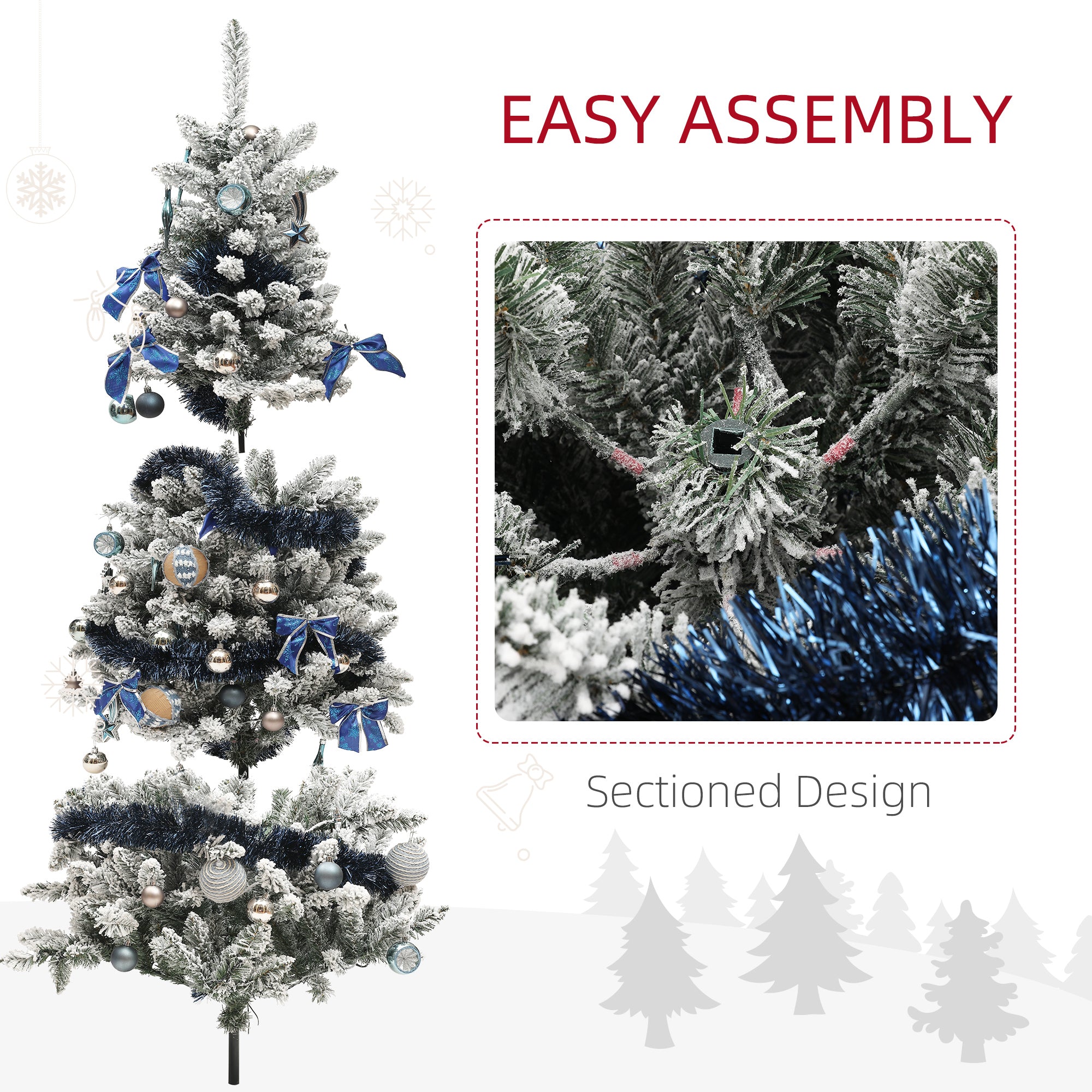 HOMCOM 6ft Prelit Artificial Christmas Tree with Blue Ornaments, Flocked Christmas Tree with LED Lights for Home Office 