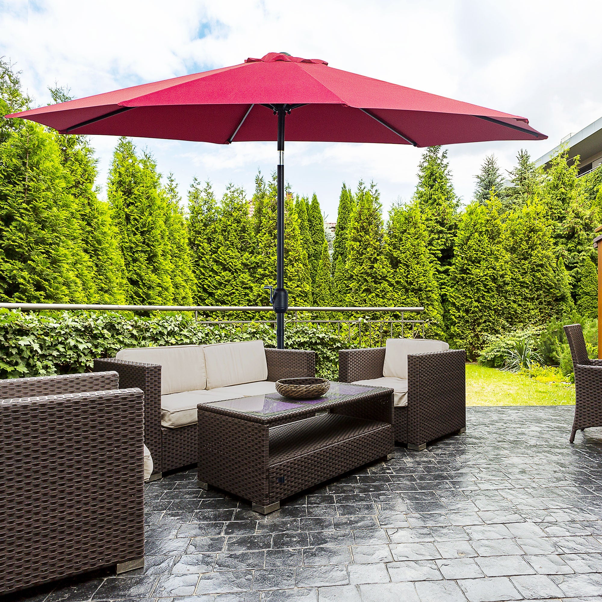 Outsunny Steel Frame Patio Umbrella: 10'x8' Round Market Garden Parasol Canopy, Wine Red 