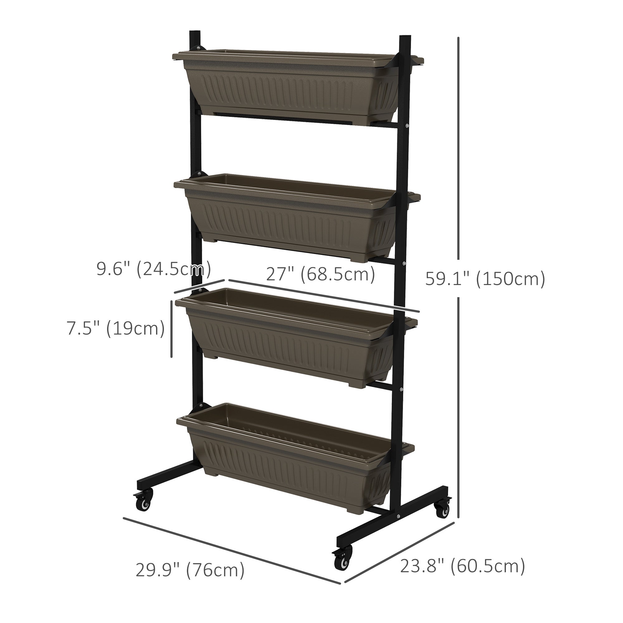 Outsunny 4-Tier Vertical Garden Planter with Wheels 4 Boxes Outdoor Plant Stand for Vegetables Flowers Brown 