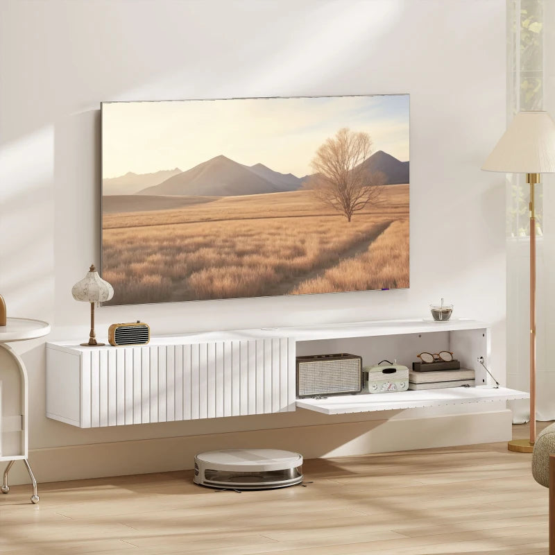 55" Floating TV Stand for TVs up to 72 Inch, Wall Mount Media Console with 2 Fluted Flip-Down Doors, Cable Hole, White