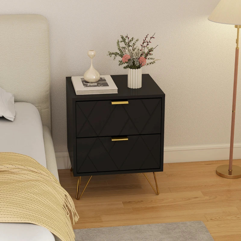 Modern Bedside Table, Accent Nightstand with 2 Drawers, Bed End Table for Bedroom, Black