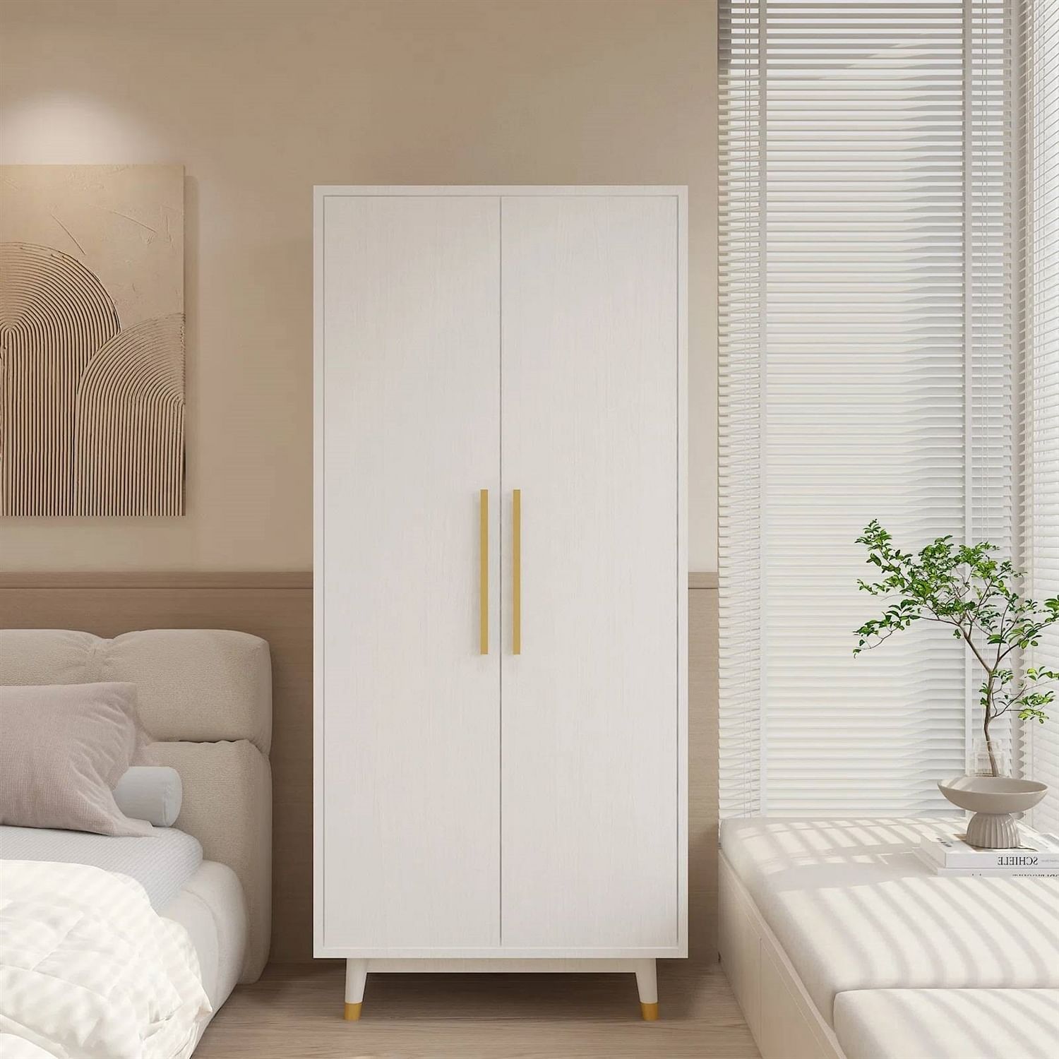 Mid-Century Modern 2-Door Bedroom Armoire Wardrobe Cabinet in White - Free Shipping