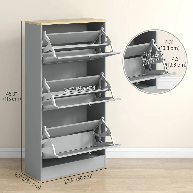 Modern Shoe Storage with 3 Flip Drawers and Adjustable Shelves, Shoe Cabinet Organizer for 12-18 Pairs of Shoes, Grey