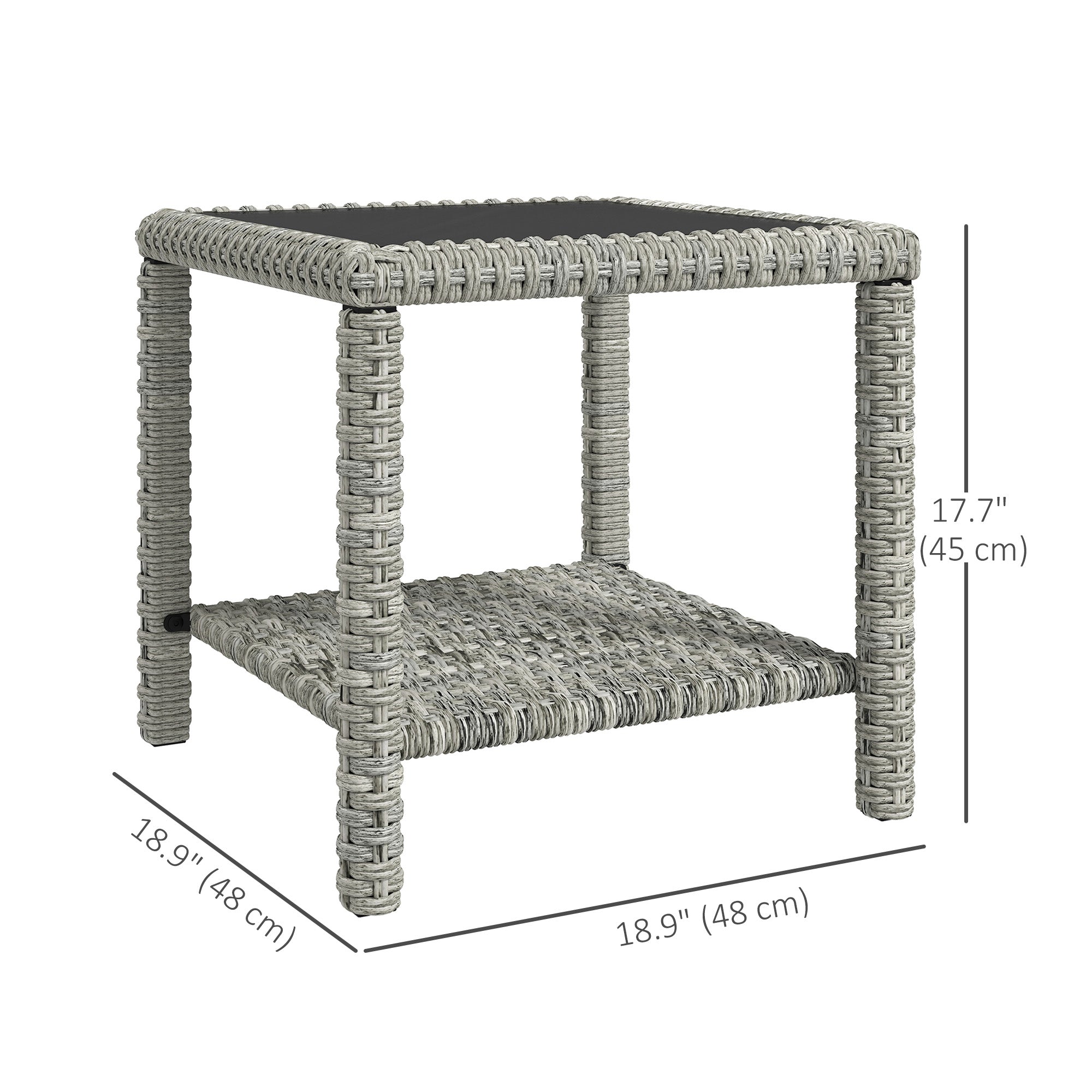 Outsunny 19" Outdoor Wicker Coffee Table with Glass Top, Storage Shelf for Garden Porch Balcony Deck, Dark Grey 