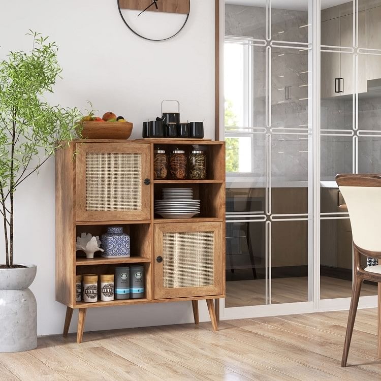 Mid-Century Modern Wood Sideboard Dining Buffet Storage Cabinet w/ Rattan Doors - Free Shipping 