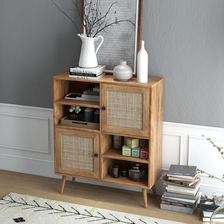 Mid-Century Modern Wood Sideboard Dining Buffet Storage Cabinet w/ Rattan Doors - Free Shipping 