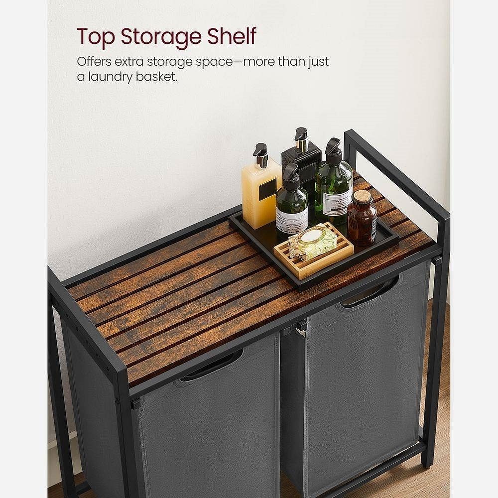 Modern Grey 2-Basket Laundry Hamper Sorter Black Frame Rustic Brown Top Shelf - Free Shipping 
