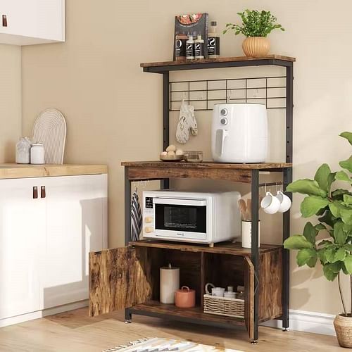 Industrial Kitchen Metal Wood Bakers Rack Microwave Cart with Storage Cabinet - Free Shipping 