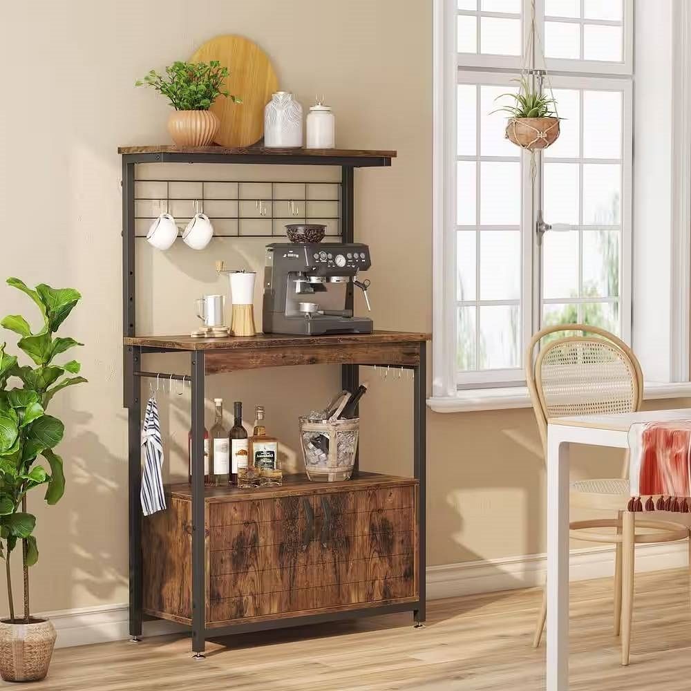 Industrial Kitchen Metal Wood Bakers Rack Microwave Cart with Storage Cabinet - Free Shipping 
