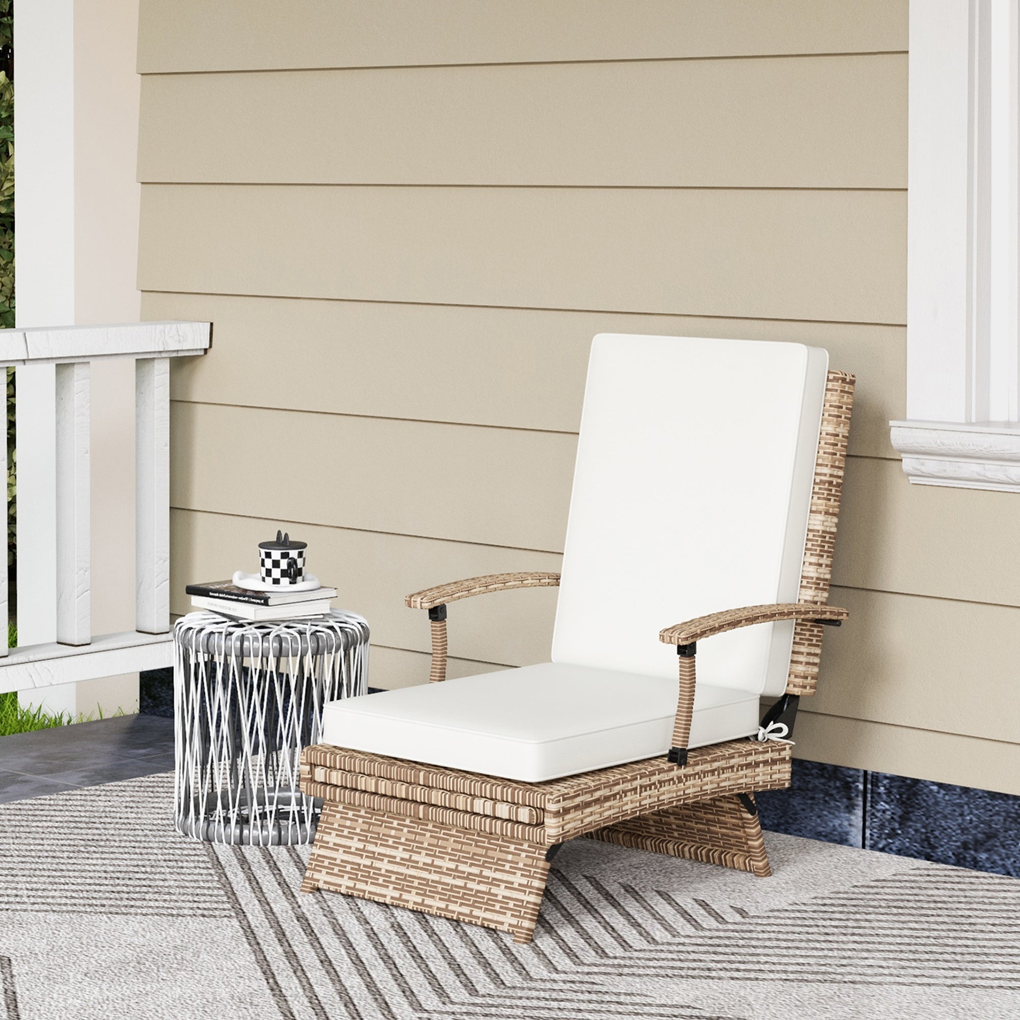 Outsunny Outdoor Wicker Foldable Recliner Chair with Retractable Footrest, Cushion, White 