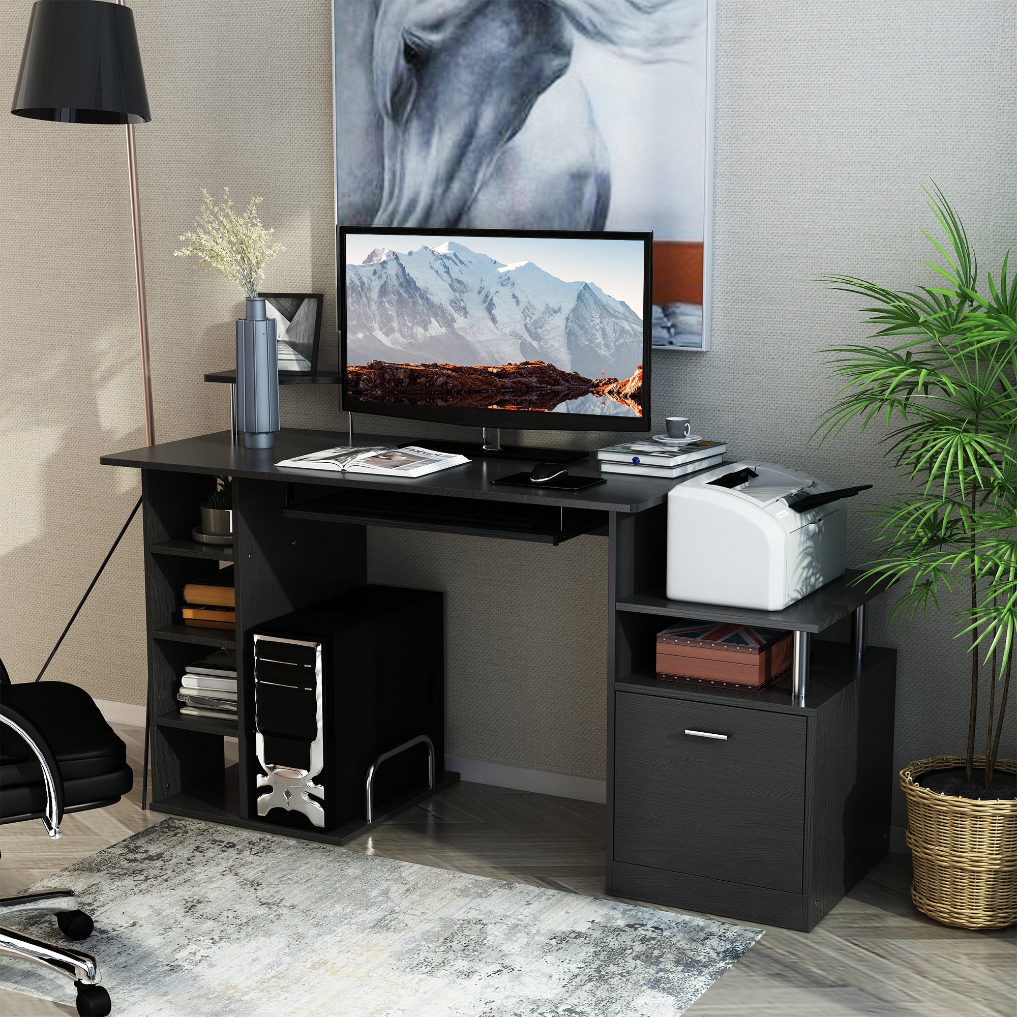 HOMCOM Wooden Computer Desk - Black Laptop Workstation with Storage Shelf and Drawer for Home Office 