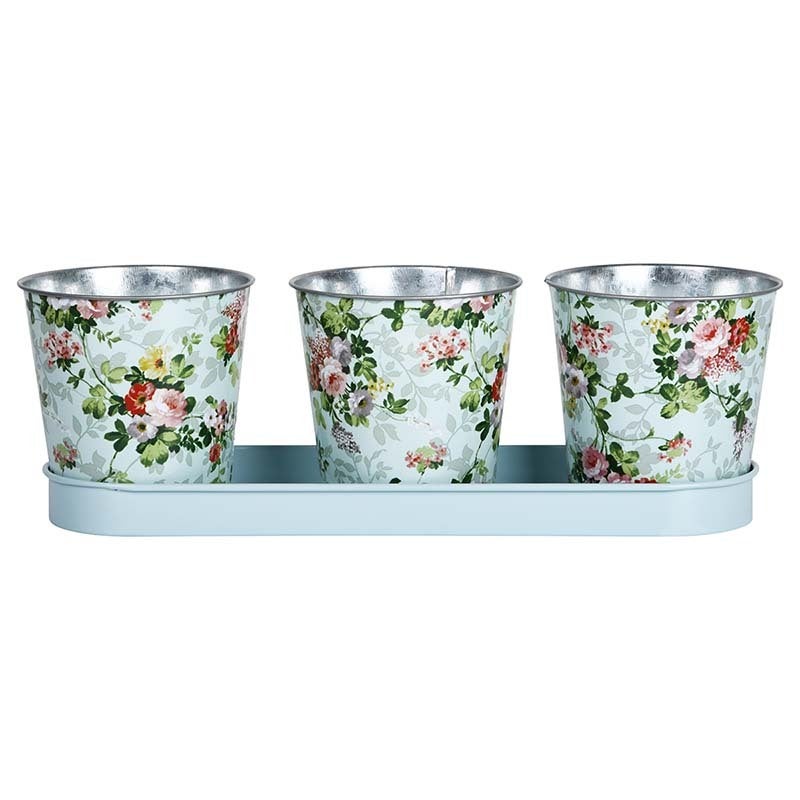 Rose Print 3 Pots On Tray 