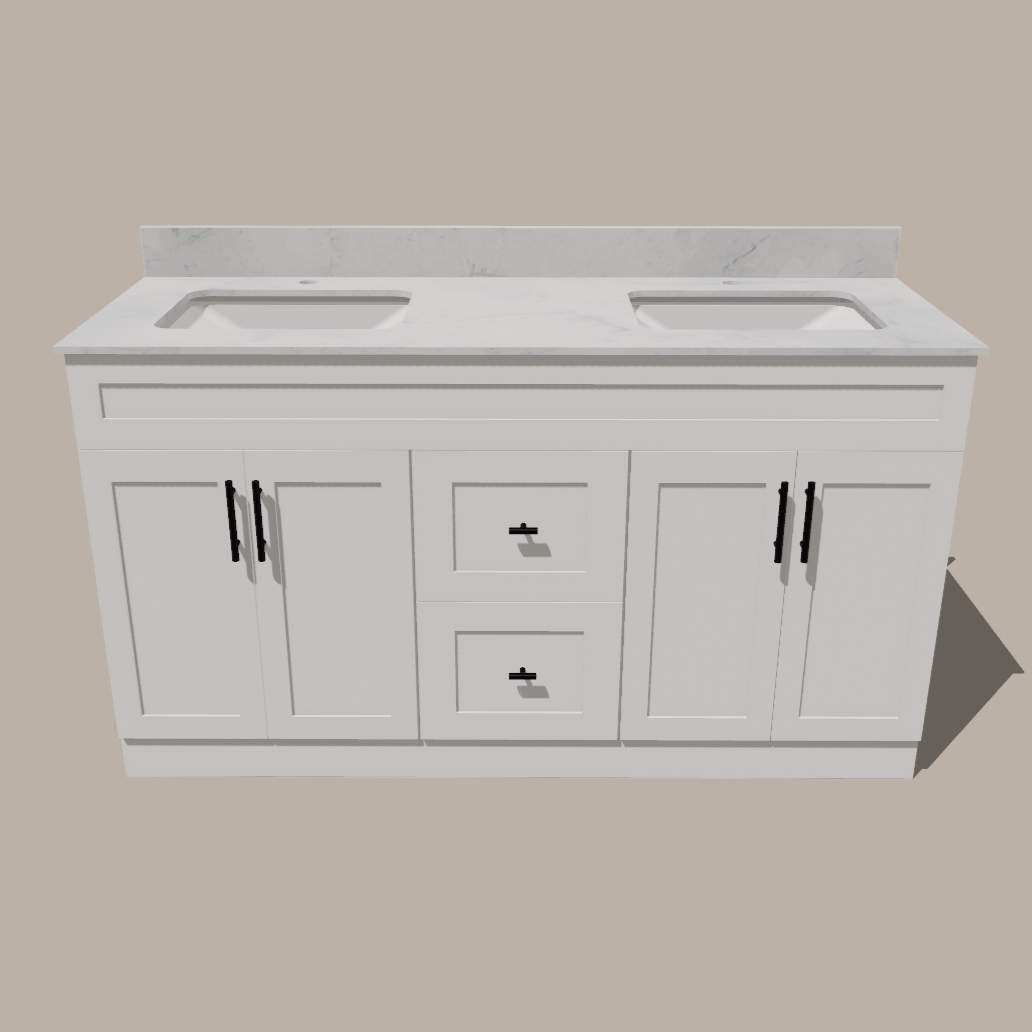 60-Inch Double Sink Shaker Bathroom Vanity — White or Gray | Plywood Cabinet, Solid-Wood Doors, Soft-Close 3-Way Clip-On Hinges | Center Drawers 