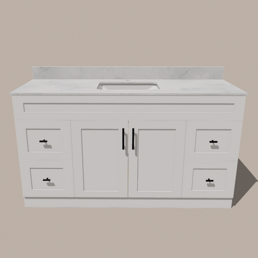 60-Inch Single Sink Shaker Bathroom Vanity — White or Gray | Plywood Cabinet, Solid-Wood Doors, Soft-Close 3-Way Clip-On Hinges | 4 Drawers, Center Double Doors 