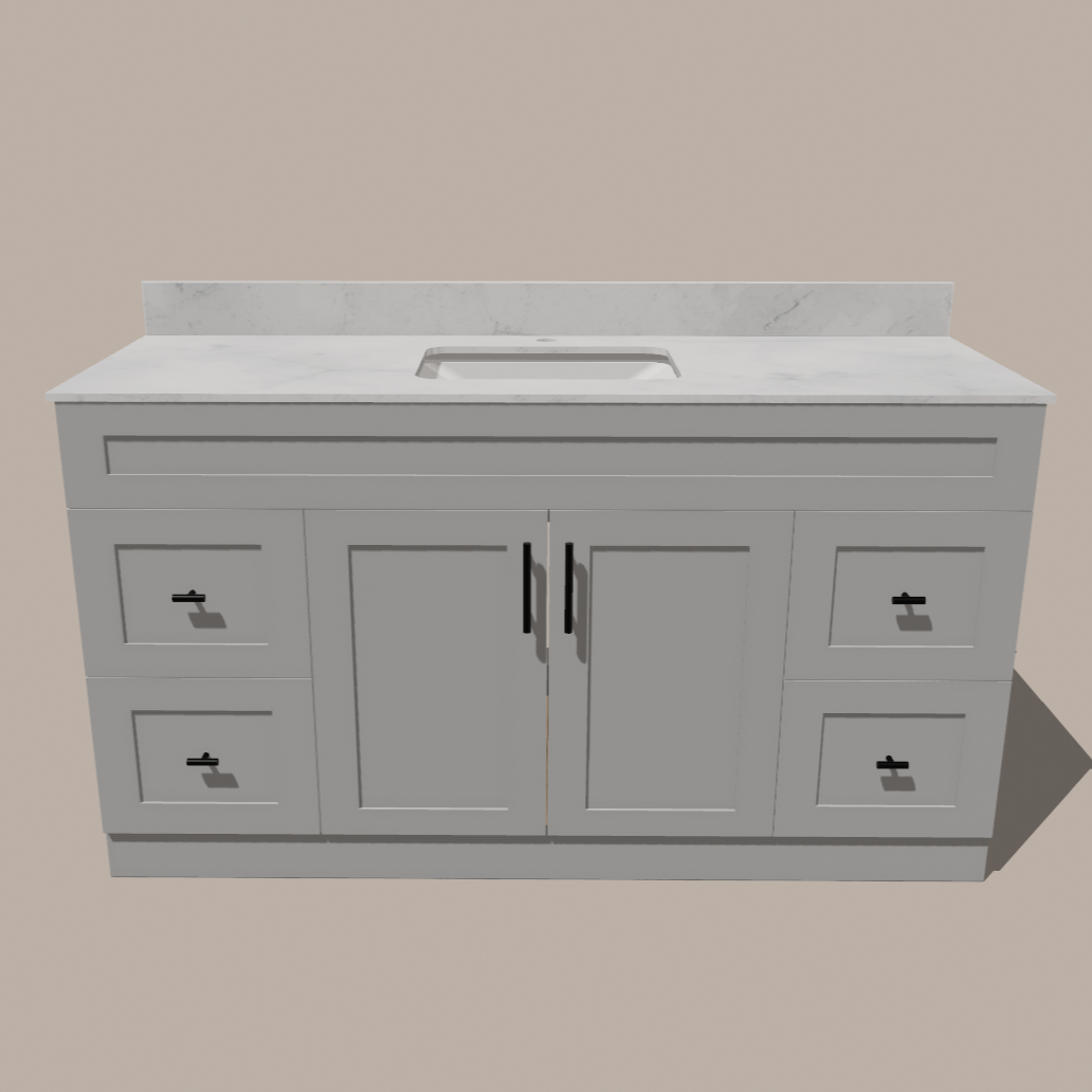 60-Inch Single Sink Shaker Bathroom Vanity — White or Gray | Plywood Cabinet, Solid-Wood Doors, Soft-Close 3-Way Clip-On Hinges | 4 Drawers, Center Double Doors 