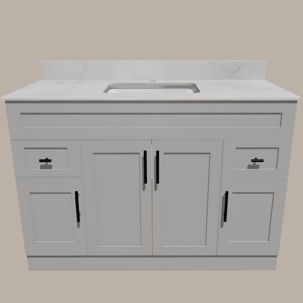 48-Inch Shaker Bathroom Vanity — White or Gray | Plywood Cabinet, Solid-Wood Doors, Soft-Close 3-Way Clip-On Hinges 