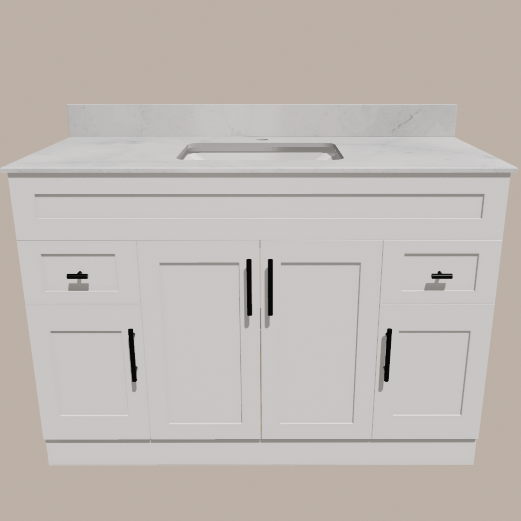 48-Inch Shaker Bathroom Vanity — White or Gray | Plywood Cabinet, Solid-Wood Doors, Soft-Close 3-Way Clip-On Hinges 