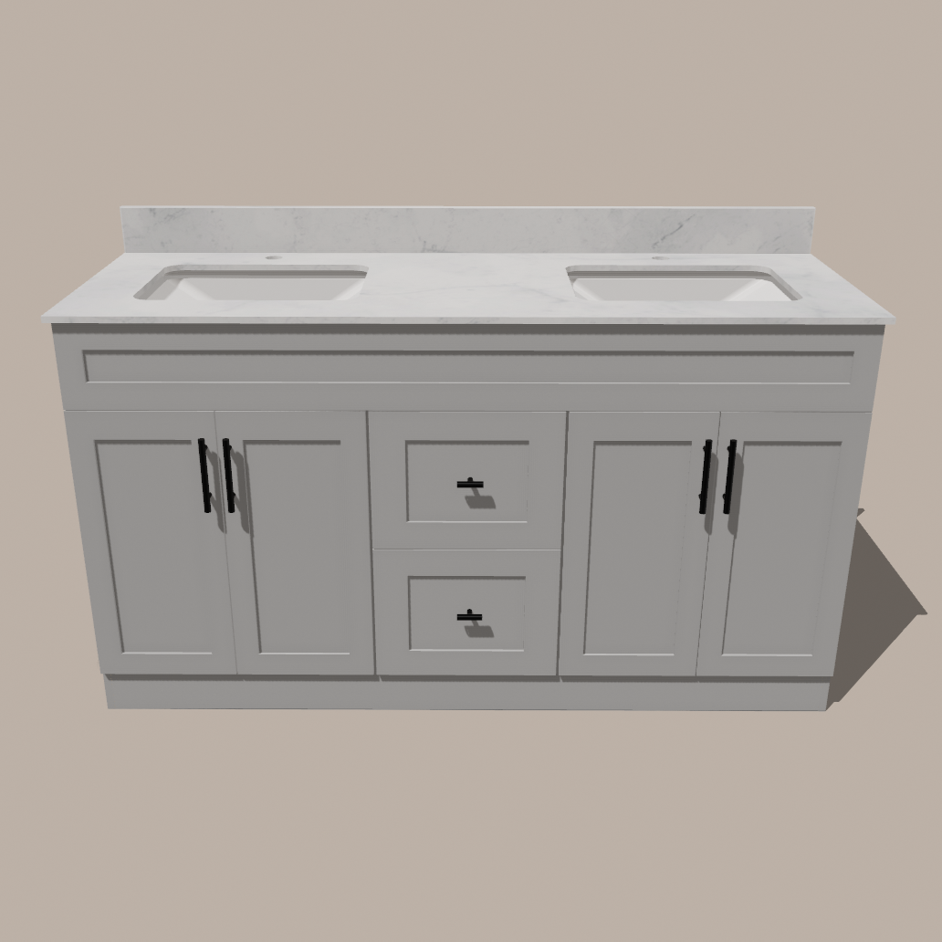 60-Inch Double Sink Shaker Bathroom Vanity — White or Gray | Plywood Cabinet, Solid-Wood Doors, Soft-Close 3-Way Clip-On Hinges | Center Drawers 