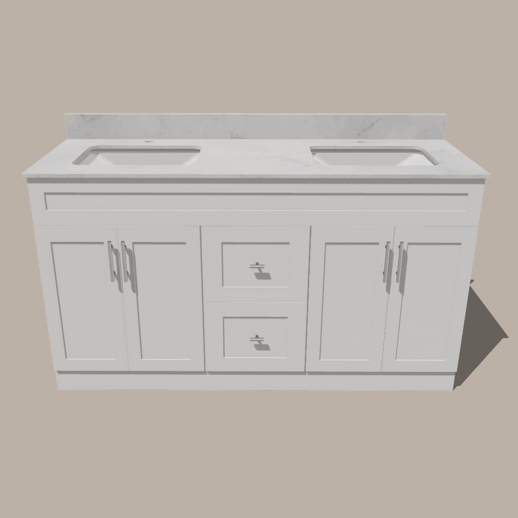 60-Inch Double Sink Shaker Bathroom Vanity — White or Gray | Plywood Cabinet, Solid-Wood Doors, Soft-Close 3-Way Clip-On Hinges | Center Drawers 