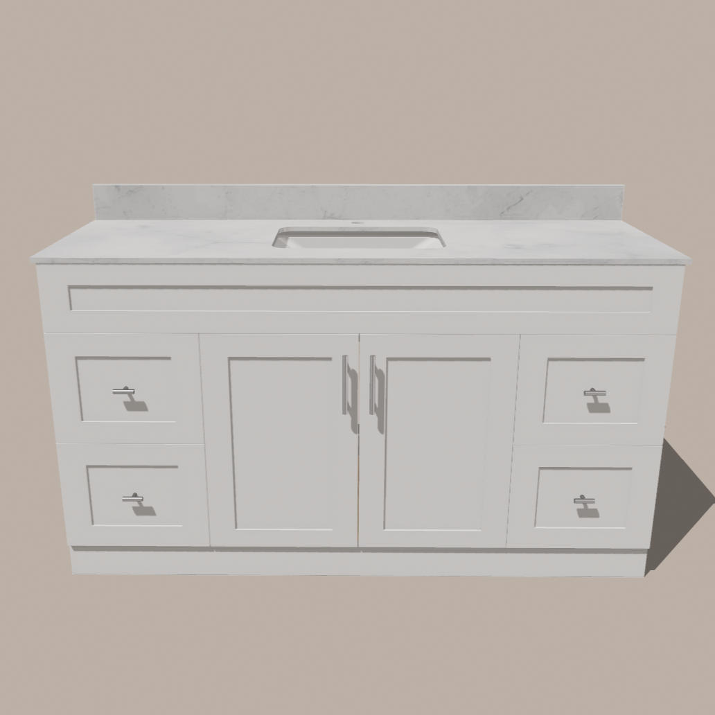 60-Inch Single Sink Shaker Bathroom Vanity — White or Gray | Plywood Cabinet, Solid-Wood Doors, Soft-Close 3-Way Clip-On Hinges | 4 Drawers, Center Double Doors 