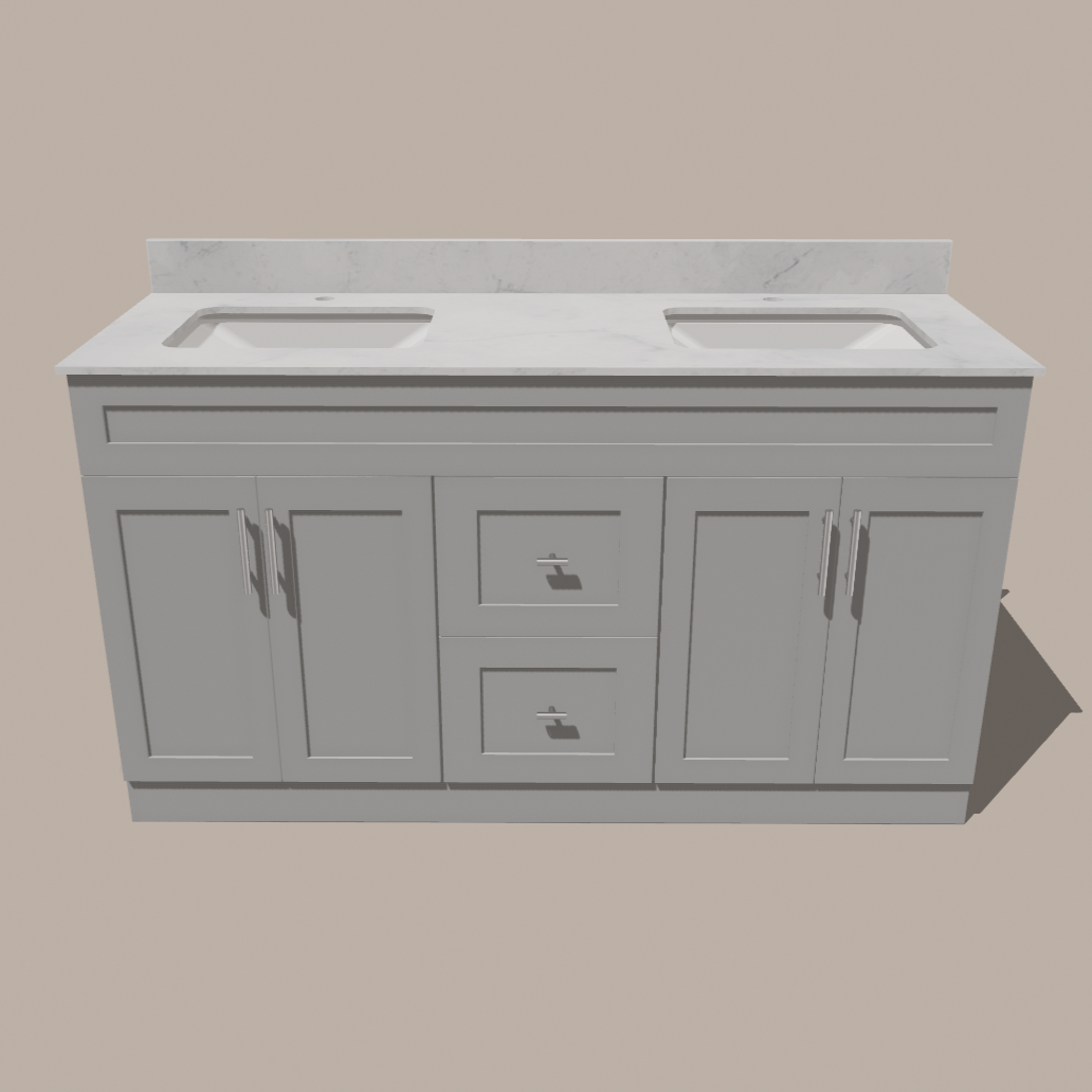 60-Inch Double Sink Shaker Bathroom Vanity — White or Gray | Plywood Cabinet, Solid-Wood Doors, Soft-Close 3-Way Clip-On Hinges | Center Drawers 