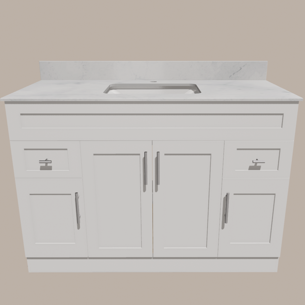 48-Inch Shaker Bathroom Vanity — White or Gray | Plywood Cabinet, Solid-Wood Doors, Soft-Close 3-Way Clip-On Hinges 