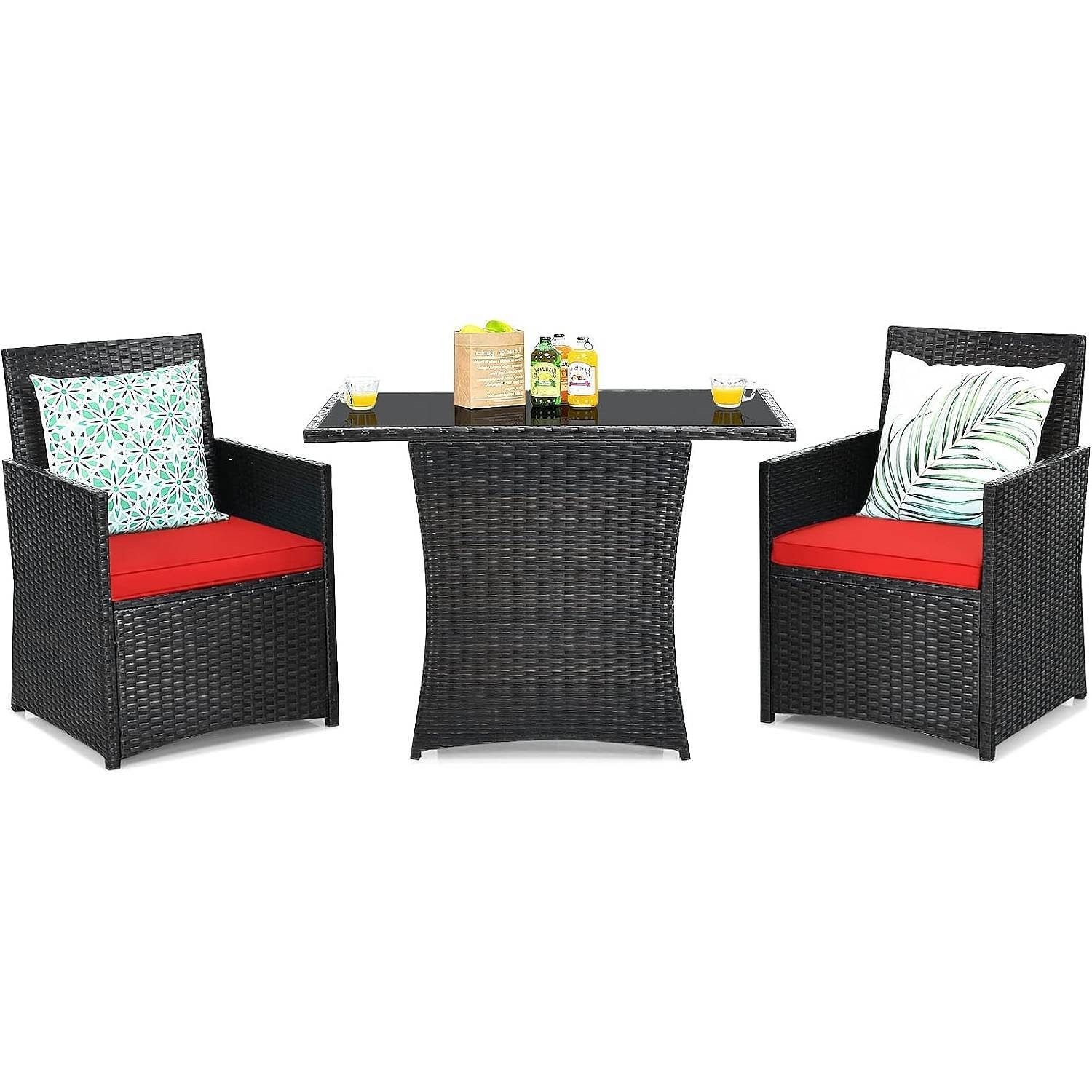 3-Piece Patio Furniture Outdoor Dining Set in Brown PE Rattan with Red Cushions - Free Shipping