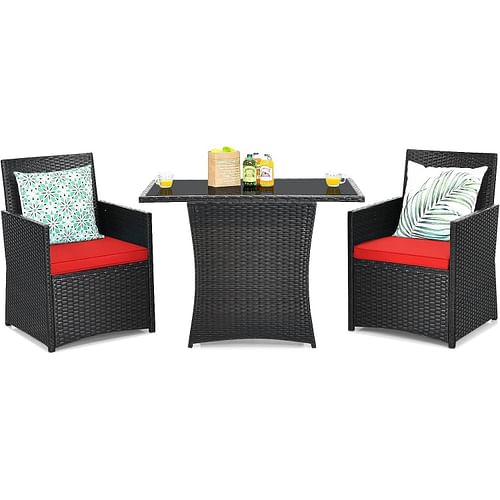 3-Piece Patio Furniture Outdoor Dining Set in Brown PE Rattan with Red Cushions - Free Shipping