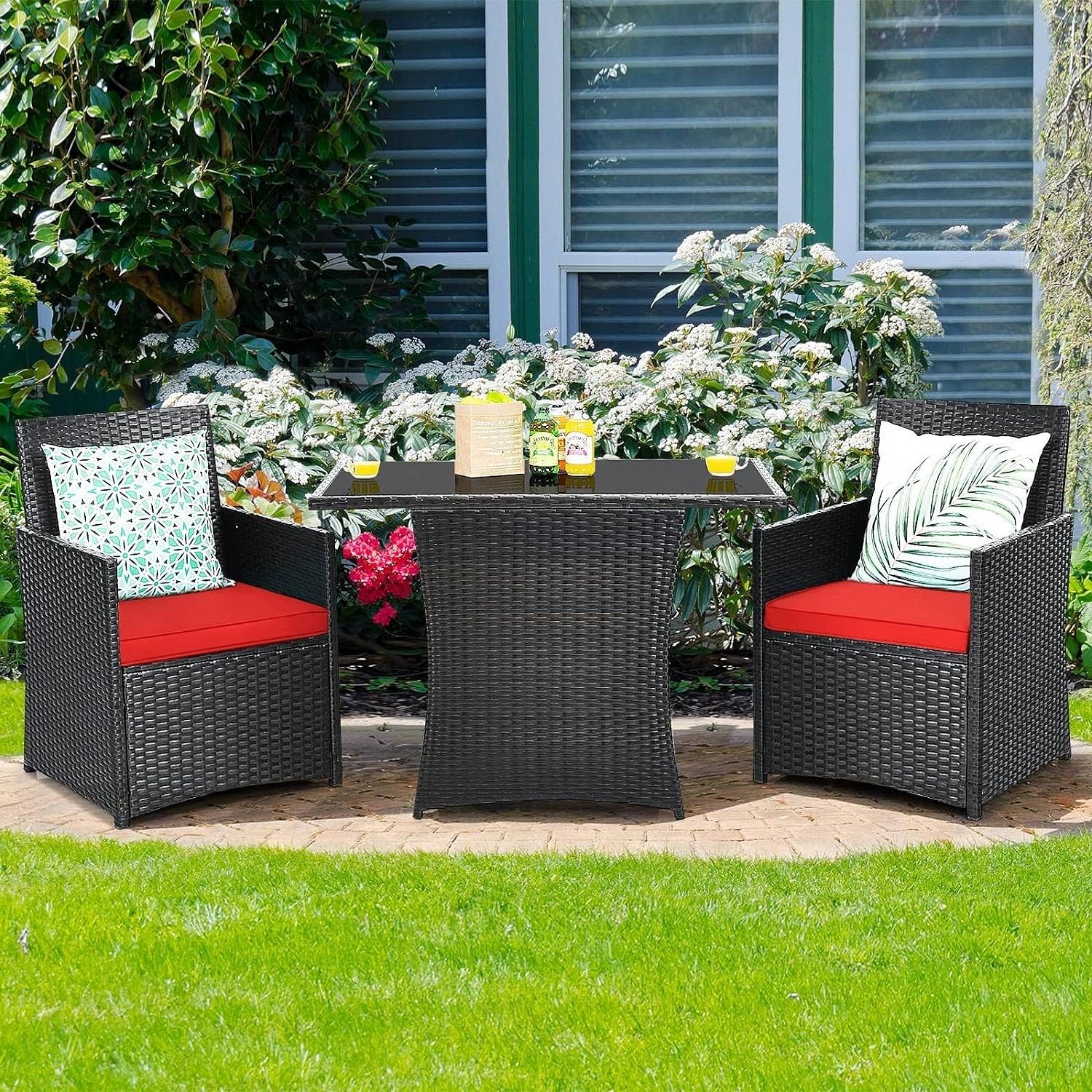 3-Piece Patio Furniture Outdoor Dining Set in Brown PE Rattan with Red Cushions - Free Shipping