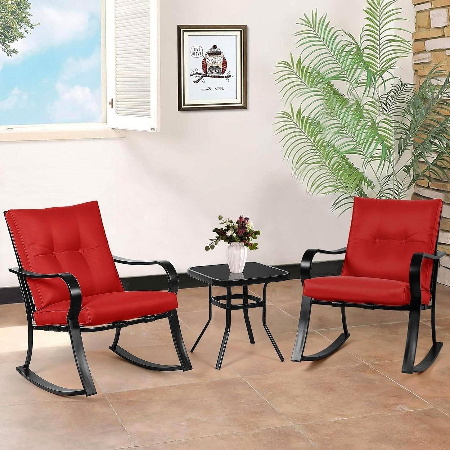 Outdoor 3-Piece Patio Furniture Rocking Chairs Table Set with Red Cushions - Free Shipping