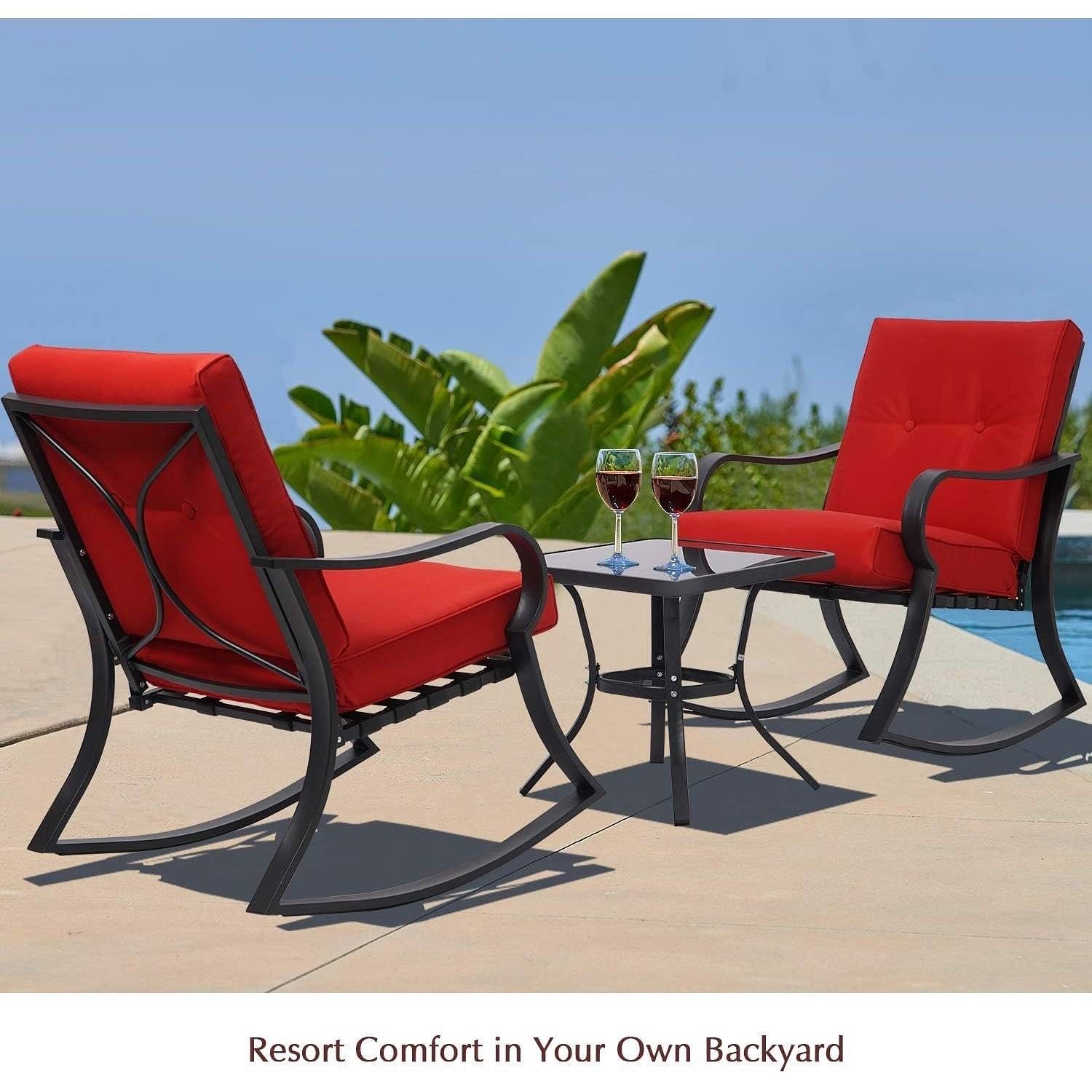 Outdoor 3-Piece Patio Furniture Rocking Chairs Table Set with Red Cushions - Free Shipping