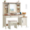 Rustic White & Honey Brown Vanity Desk with LED Mirror, Power Outlet, Drawers, Storage Cabinet & Stool