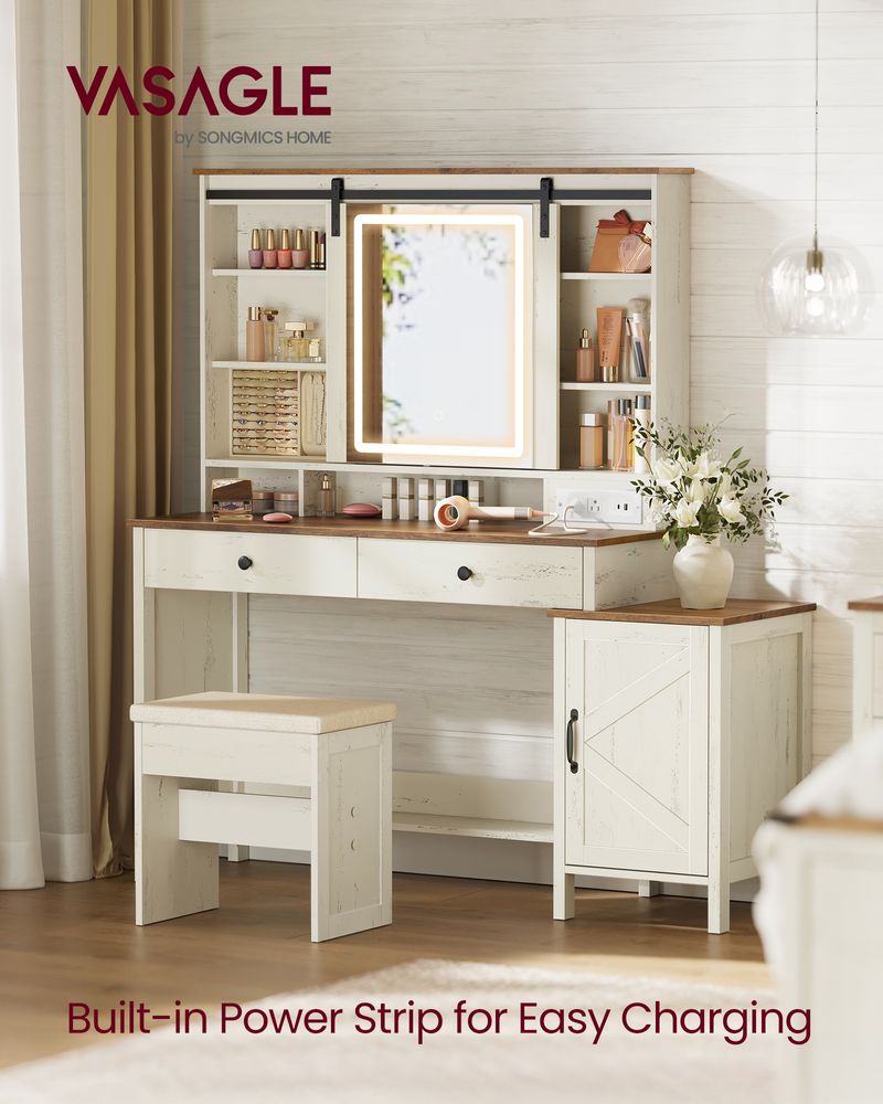 Rustic White & Honey Brown Vanity Desk with LED Mirror, Power Outlet, Drawers, Storage Cabinet & Stool