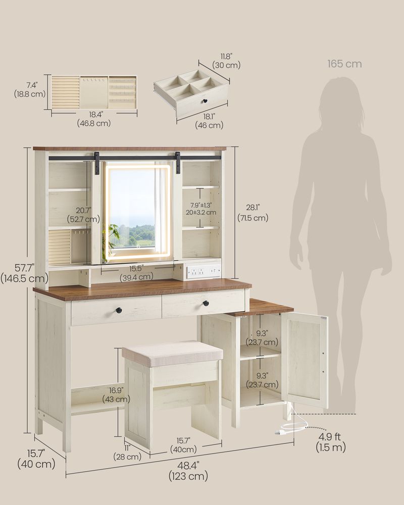 Rustic White & Honey Brown Vanity Desk with LED Mirror, Power Outlet, Drawers, Storage Cabinet & Stool