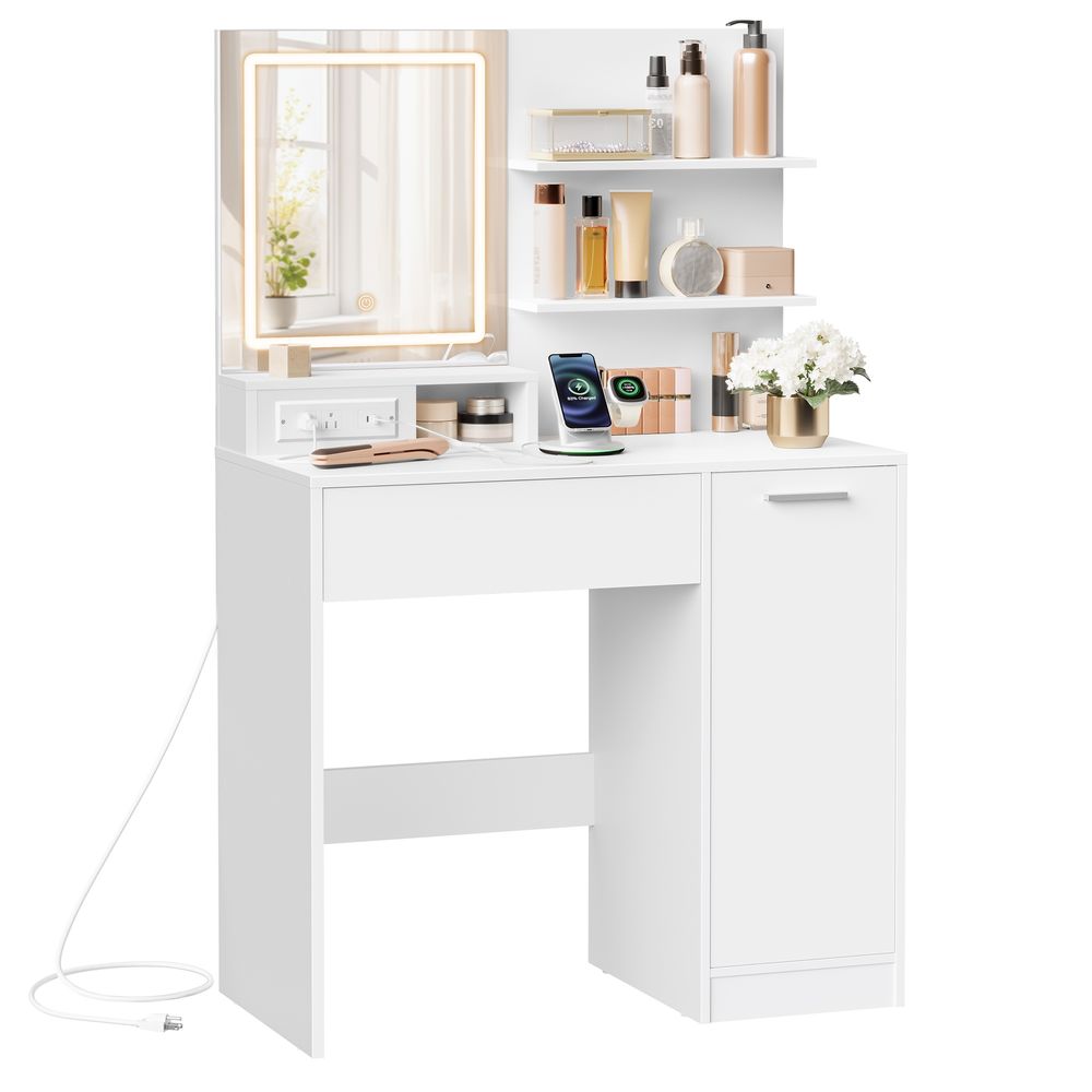 Makeup Vanity Desk with LED Mirror, Drawer, Cabinet & Adjustable Shelves – White