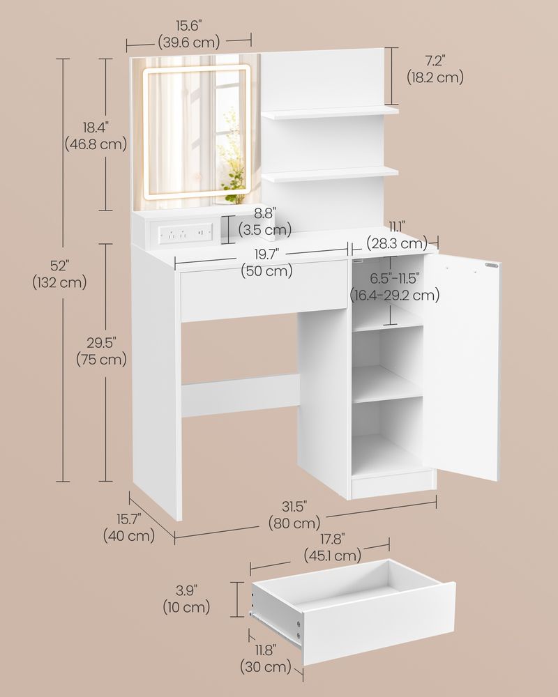 Makeup Vanity Desk with LED Mirror, Drawer, Cabinet & Adjustable Shelves – White