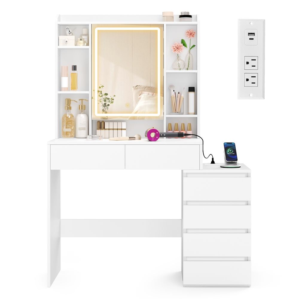 Vanity Desk with LED Mirror, 6 Drawers, Adjustable Shelves & Built-In Charging Ports – White