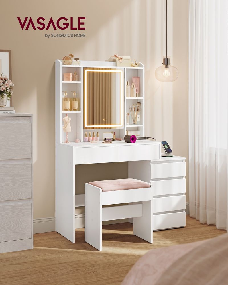Vanity Desk with LED Mirror, 6 Drawers, Adjustable Shelves & Built-In Charging Ports – White