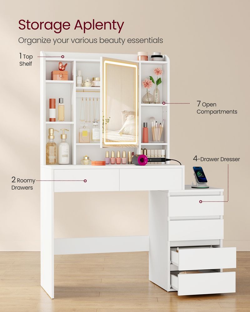Vanity Desk with LED Mirror, 6 Drawers, Adjustable Shelves & Built-In Charging Ports – White