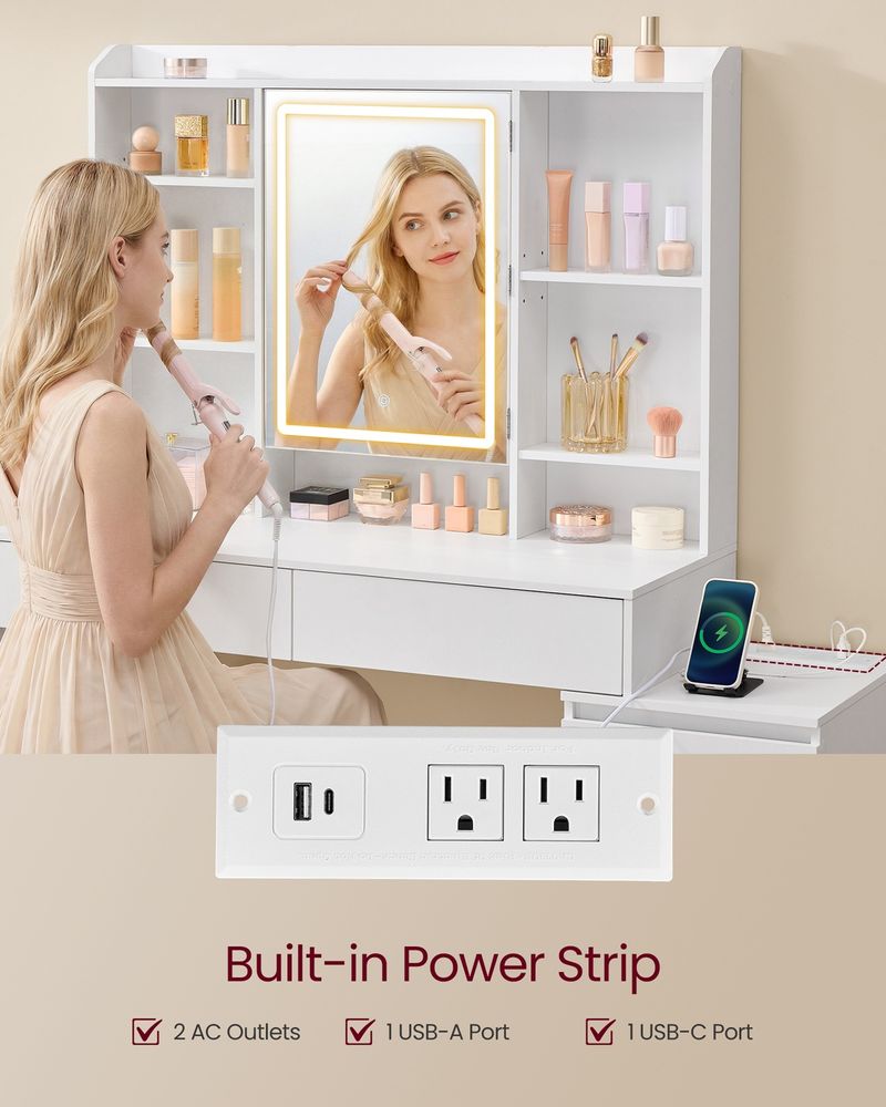 Vanity Desk with LED Mirror, 6 Drawers, Adjustable Shelves & Built-In Charging Ports – White
