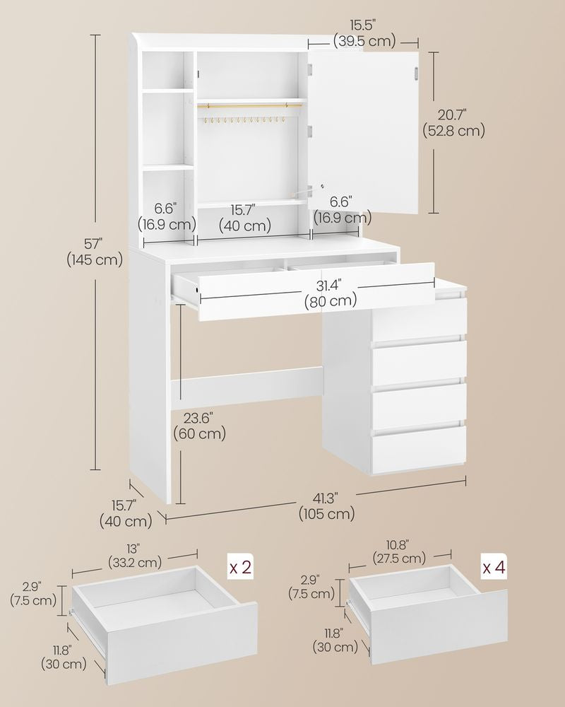 Vanity Desk with LED Mirror, 6 Drawers, Adjustable Shelves & Built-In Charging Ports – White